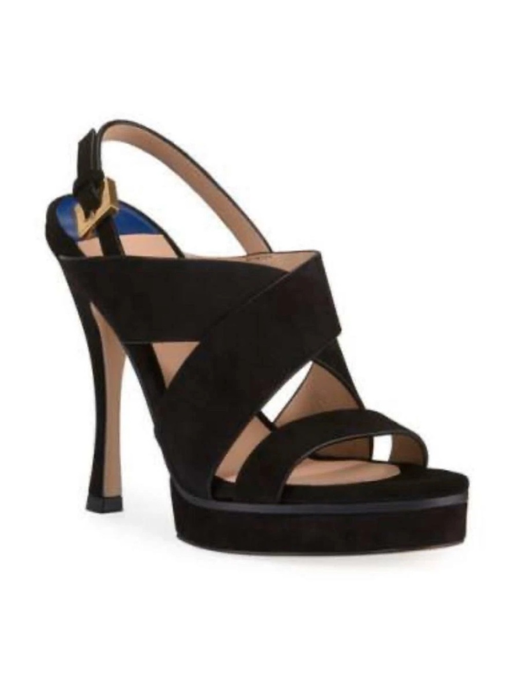 Stuart Weitzman 7 Hester sandal platform black suede slingback criss cross heels